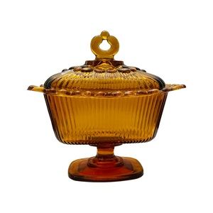 1950s Indiana Glass Heavy Ribbed Amber Glass Footed Lace Edge Candy Dish/Compote